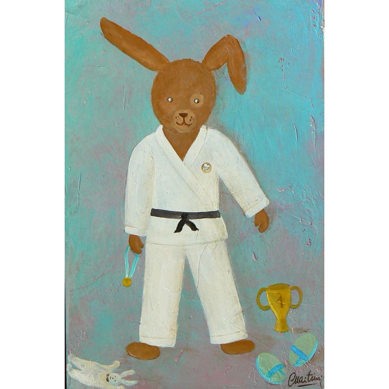 Tableau Enfant Lapin Judoka 20x30
