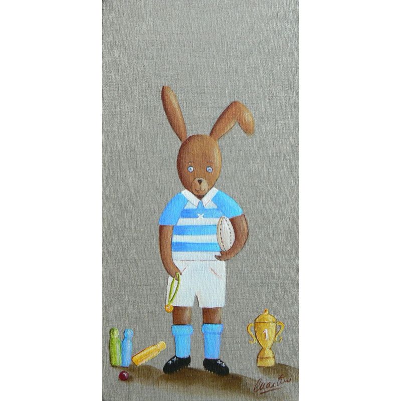 Tableau Enfant Lapin Rugby 20x40